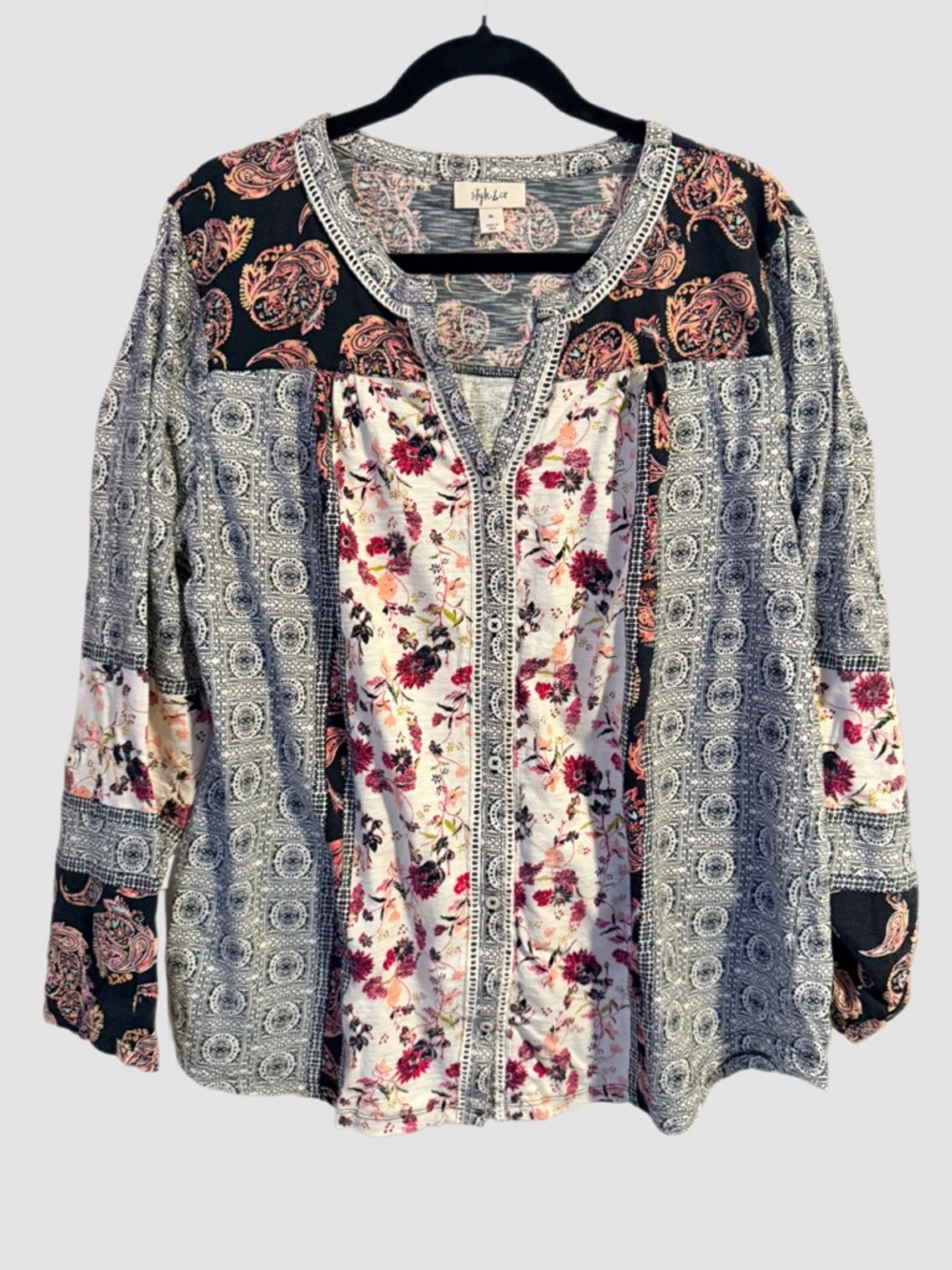 Style & Co. Lightweight Button Up Shirt Floral Patchwork Womens XL Pink Black
